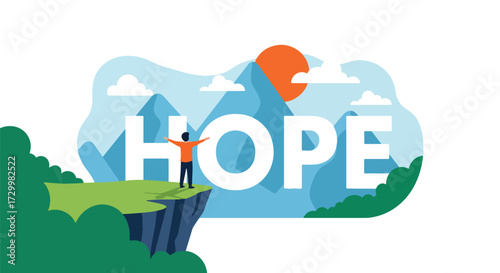 Flat style vector illustration of a person standing on a cliff with arms wide open toward mountains and sunrise with the word hope, symbolizing freedom, optimism, and new beginnings