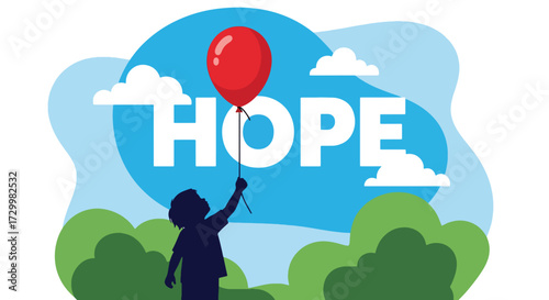 Flat style vector illustration of a child holding a balloon with the word hope, symbolizing innocence, dreams, optimism, and the uplifting spirit of a brighter future