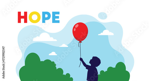 Flat style vector illustration of a child holding a balloon with the word hope, symbolizing innocence, dreams, optimism, and the uplifting spirit of a brighter future