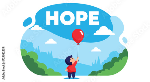 Flat style vector illustration of a child holding a balloon with the word hope, symbolizing innocence, dreams, optimism, and the uplifting spirit of a brighter future