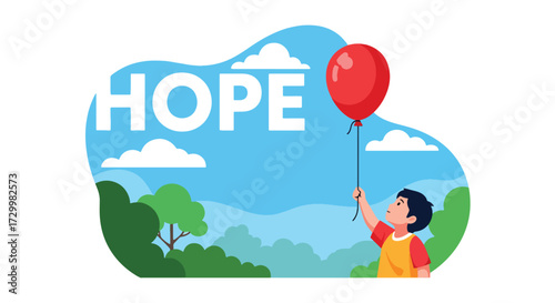Flat style vector illustration of a child holding a balloon with the word hope, symbolizing innocence, dreams, optimism, and the uplifting spirit of a brighter future