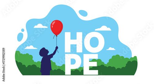 Flat style vector illustration of a child holding a balloon with the word hope, symbolizing innocence, dreams, optimism, and the uplifting spirit of a brighter future