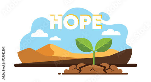 Flat style vector illustration of a green sprout growing through cracked desert soil with the word hope, symbolizing resilience, renewal, perseverance, and the possibility of growth in harsh condition