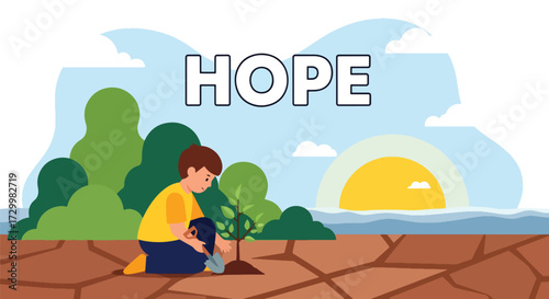 Flat style vector illustration of a child planting a tree at sunrise with the word hope, symbolizing growth, sustainability, renewal, and building a brighter and greener future