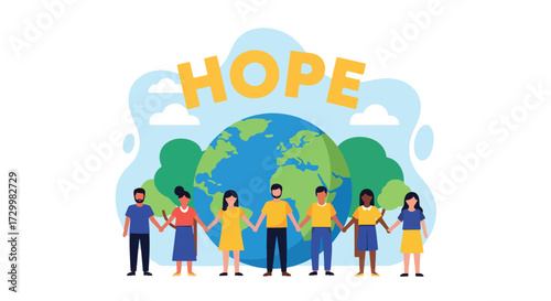 Flat style vector illustration of diverse people holding hands around the Earth with the word hope, symbolizing unity, peace, global cooperation, and a brighter future for humanity
