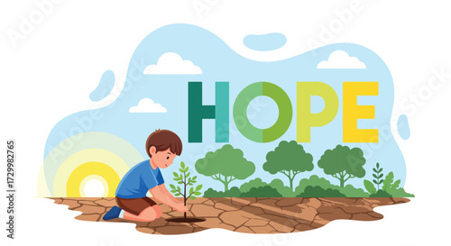 Flat style vector illustration of a child planting a tree at sunrise with the word hope, symbolizing growth, sustainability, renewal, and building a brighter and greener future