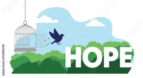 Flat style vector illustration of a bird flying free from an open cage with the word hope, symbolizing freedom, resilience, optimism, and breaking free from limitations toward a brighter future