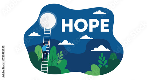 Flat style vector illustration of a person climbing a ladder to reach the moon with the word hope, symbolizing ambition, dreams, determination, and striving for a brighter future