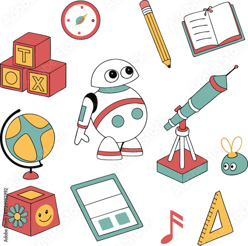 Whimsical collection of educational and playful elements featuring a friendly robot, telescope, globe, blocks, and school supplies for learning adventures.