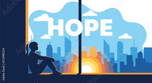 Flat style vector illustration of a person sitting by a window overlooking a city skyline at sunset with the word hope, symbolizing reflection, dreams, and optimism for the future