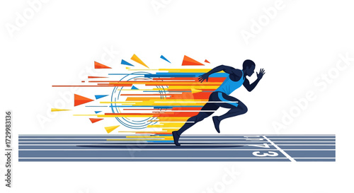 Stylized illustration of a runner sprinting on a track, with colorful speed lines emanating from the figure.