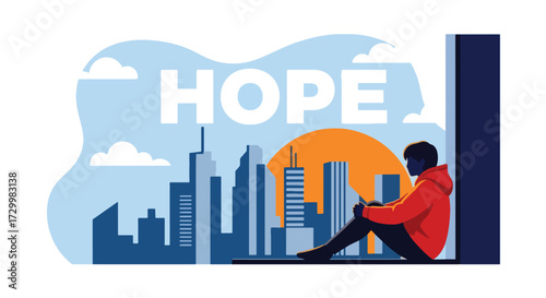 Flat style vector illustration of a person sitting by a window overlooking a city skyline at sunset with the word hope, symbolizing reflection, dreams, and optimism for the future