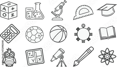 Diverse educational and scientific icons symbolizing learning, discovery, and achievement for modern classrooms and digital platforms.