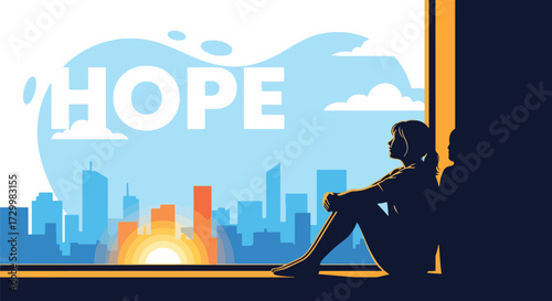 Flat style vector illustration of a person sitting by a window overlooking a city skyline at sunset with the word hope, symbolizing reflection, dreams, and optimism for the future