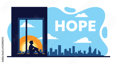 Flat style vector illustration of a person sitting by a window overlooking a city skyline at sunset with the word hope, symbolizing reflection, dreams, and optimism for the future
