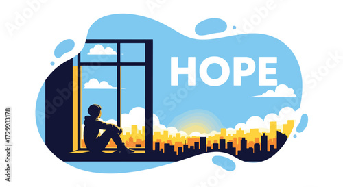 Flat style vector illustration of a person sitting by a window overlooking a city skyline at sunset with the word hope, symbolizing reflection, dreams, and optimism for the future