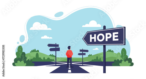 Flat style vector illustration of a person standing at crossroads facing a large hope sign, symbolizing guidance, optimism, decision-making, and choosing a positive direction in life or business