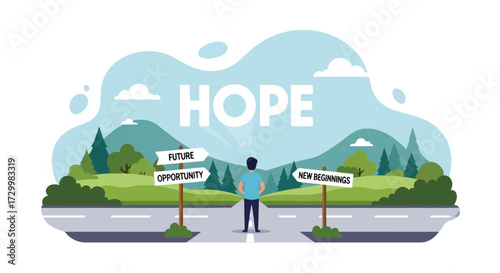 Flat style vector illustration of a person standing at crossroads facing a large hope sign, symbolizing guidance, optimism, decision-making, and choosing a positive direction in life or business