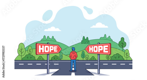 Flat style vector illustration of a person standing at crossroads facing a large hope sign, symbolizing guidance, optimism, decision-making, and choosing a positive direction in life or business