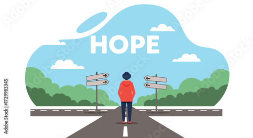 Flat style vector illustration of a person standing at crossroads facing a large hope sign, symbolizing guidance, optimism, decision-making, and choosing a positive direction in life or business