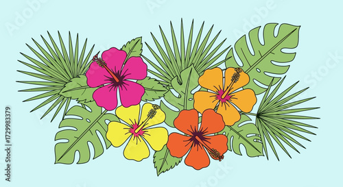 Illustration of colorful hibiscus flowers and tropical leaves arranged together on a light blue background.