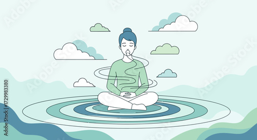 A person meditating in lotus position, surrounded by serene clouds and water.