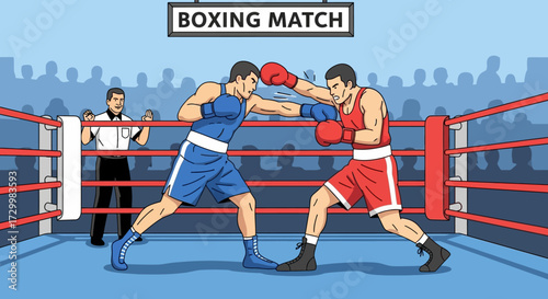 Two boxers engage in a fierce match inside a boxing ring, throwing punches.