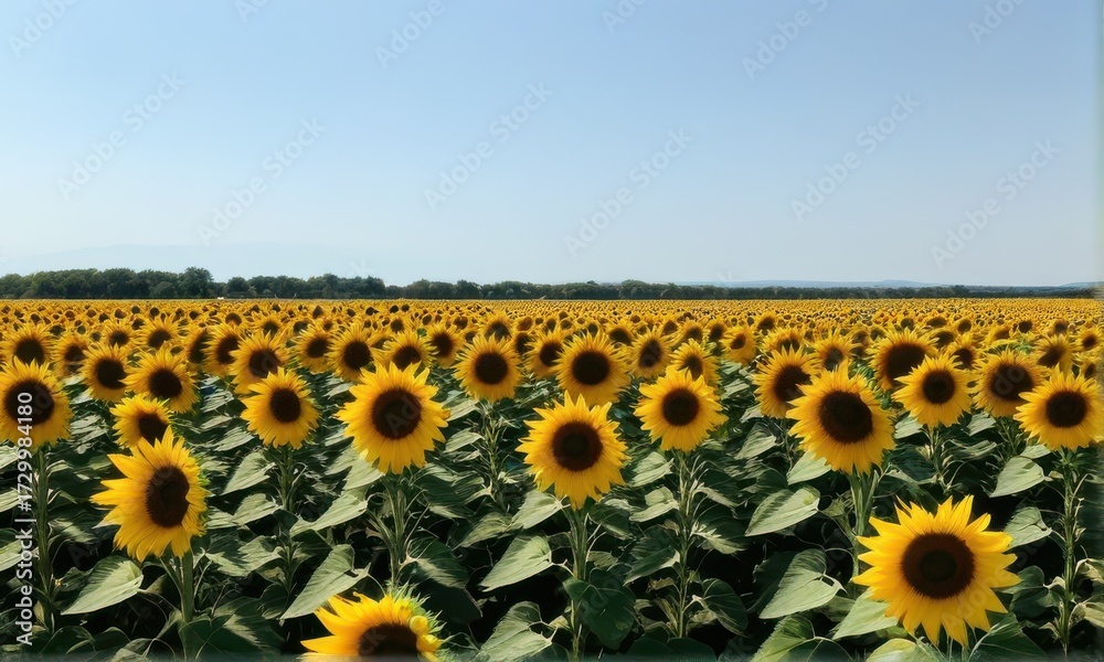 Fototapeta premium Vibrant Sunflower Field Under Clear Blue Sky on Sunny Day Summer Landscape