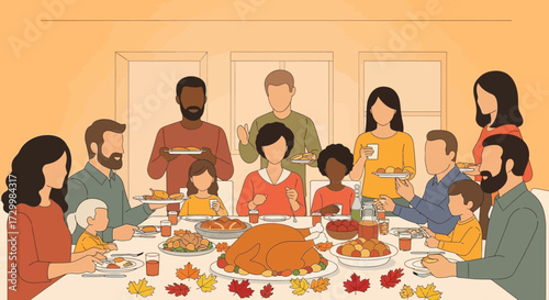 A diverse family gathers around a Thanksgiving table, sharing a meal.