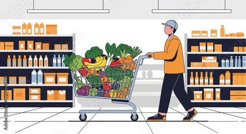 A man pushes a shopping cart full of colorful fruits and vegetables through a grocery store aisle.
