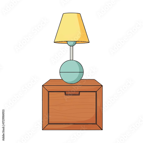 Cartoon illustration of a classic wooden nightstand with a stylish lamp, perfect for cozy bedroom interiors, home decor projects, and creating comfortable living spaces