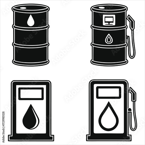 Black fuel barrel and pump icons vector