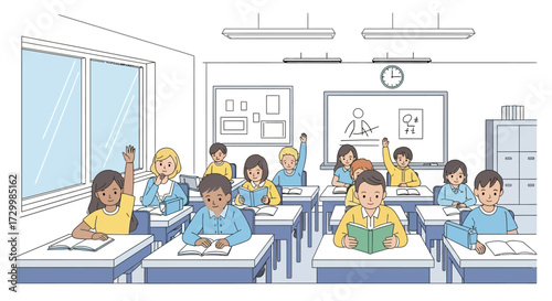 A classroom scene with students raising hands and reading books during a lesson.