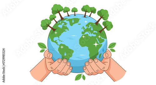 Hands gently cradle a globe adorned with trees and green leaves, symbolizing environmental protection.