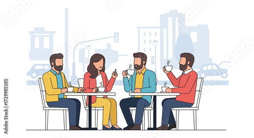 Four individuals engaged in conversation, enjoying coffee at an outdoor cafe setting.