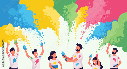 People celebrating Holi with vibrant colored powder explosions.