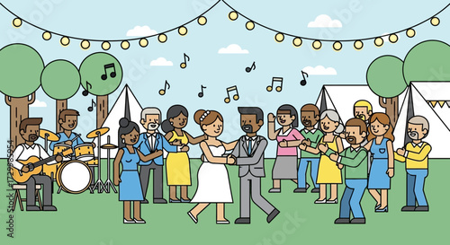 Cartoon illustration of a wedding celebration with a bride and groom dancing surrounded by guests and musicians outdoors.