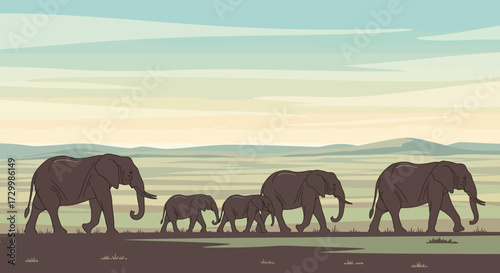 Elephant family walking in a line across a grassy plain under a blue and yellow sky, illustration.