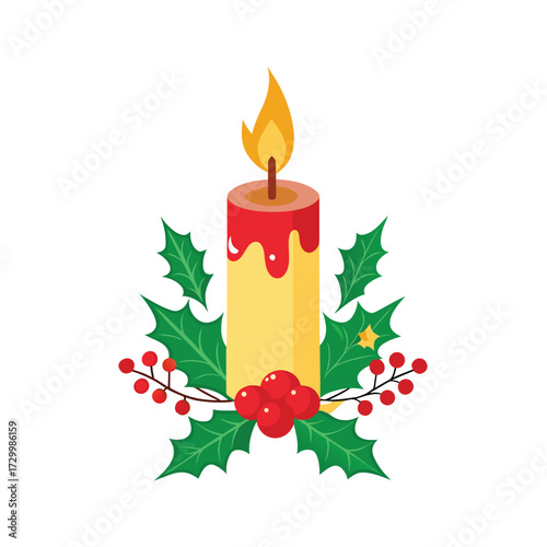 Christmas Candle with holly and berries decoration