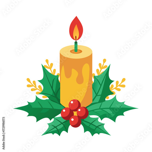 Christmas Candle with holly and berries decoration