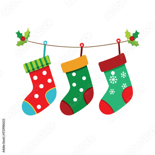 Christmas socks hanging on a white background