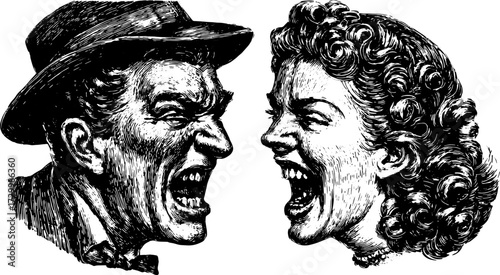 Vintage illustration of a confrontation between two people expressing anger. A graphic artwork showcasing strong emotion in a black and white vector style.