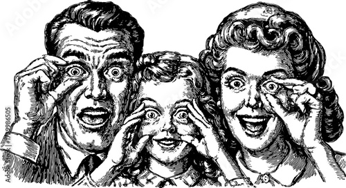 A group of people showing exaggerated expressions and emotions. Vintage black and white vector illustration with cartoon elements in a set.