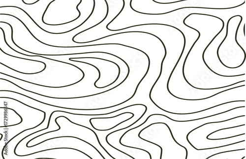 Abstract seamless pattern with organic flowing lines in a minimalist black and white design, resembling wood grain or topographic contours. Created in a simple line art style with a monochrome