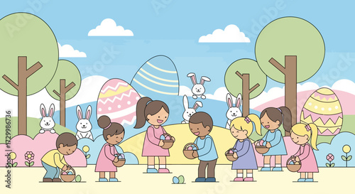 Children gather Easter eggs in a sunny park setting, surrounded by bunnies.