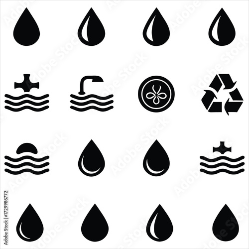 Black water drop icons and symbols liquid fluid