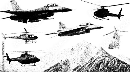 Airplane and helicopter in a black and white vector illustration. A set of aerial vehicles includes fighter jets and choppers against a mountainous background.