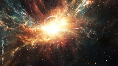 In the boundless, formless void before time, there exists only a turbulent, ethereal nebula of deep indigo and violet gas. Within this chaos, faint, embryonic pulses of golden light begin to stir, lik