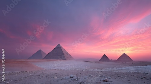 Ancient Egyptian Pyramids Silhouetted Against Dramatic Sunset Sky in Desert Landscape