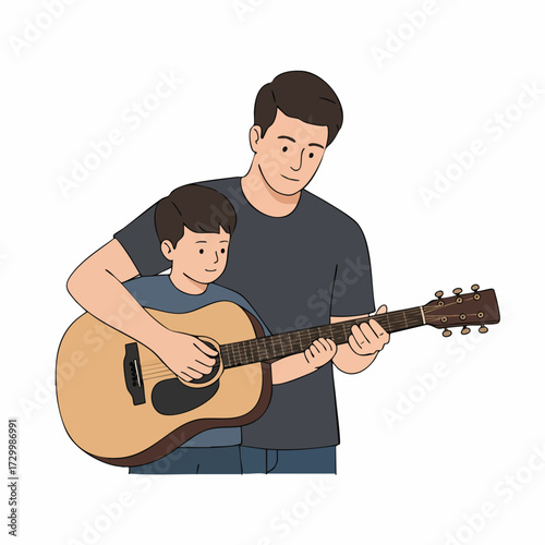 Flat Illustration Dad Teaching Son Acoustic Guitar Lesson Moment Concept